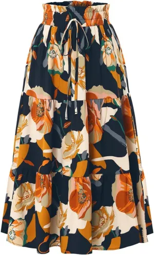 KUIOLYPOER Women Summer Maxi Skirt Casual Elastic High Waist Pleated A-Line Flowy Swing Tiered Beach Vacation Skirts