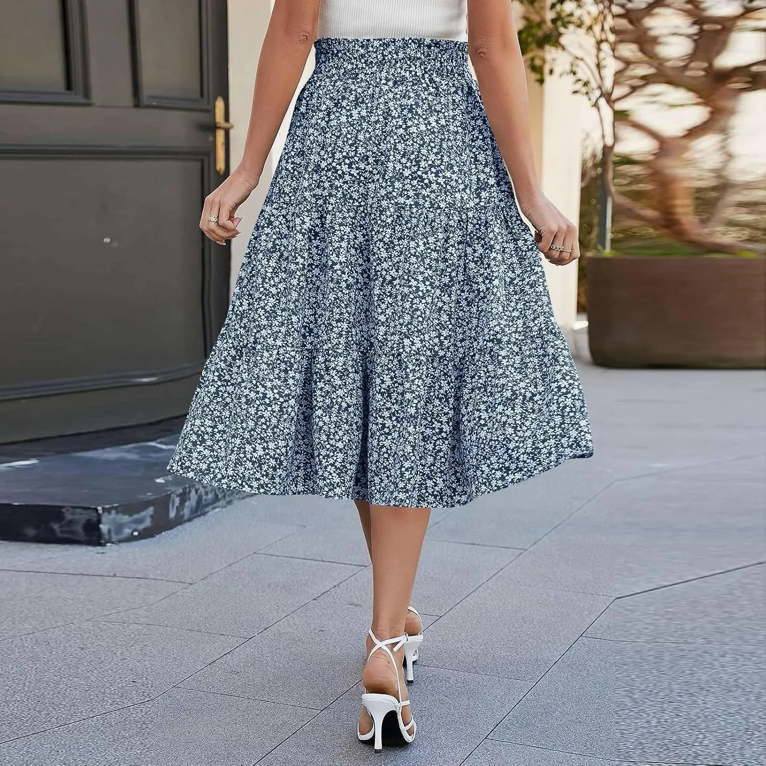 KUIOLYPOER Women Summer Maxi Skirt Casual Elastic High Waist Pleated A-Line Flowy Swing Tiered Beach Vacation Skirts