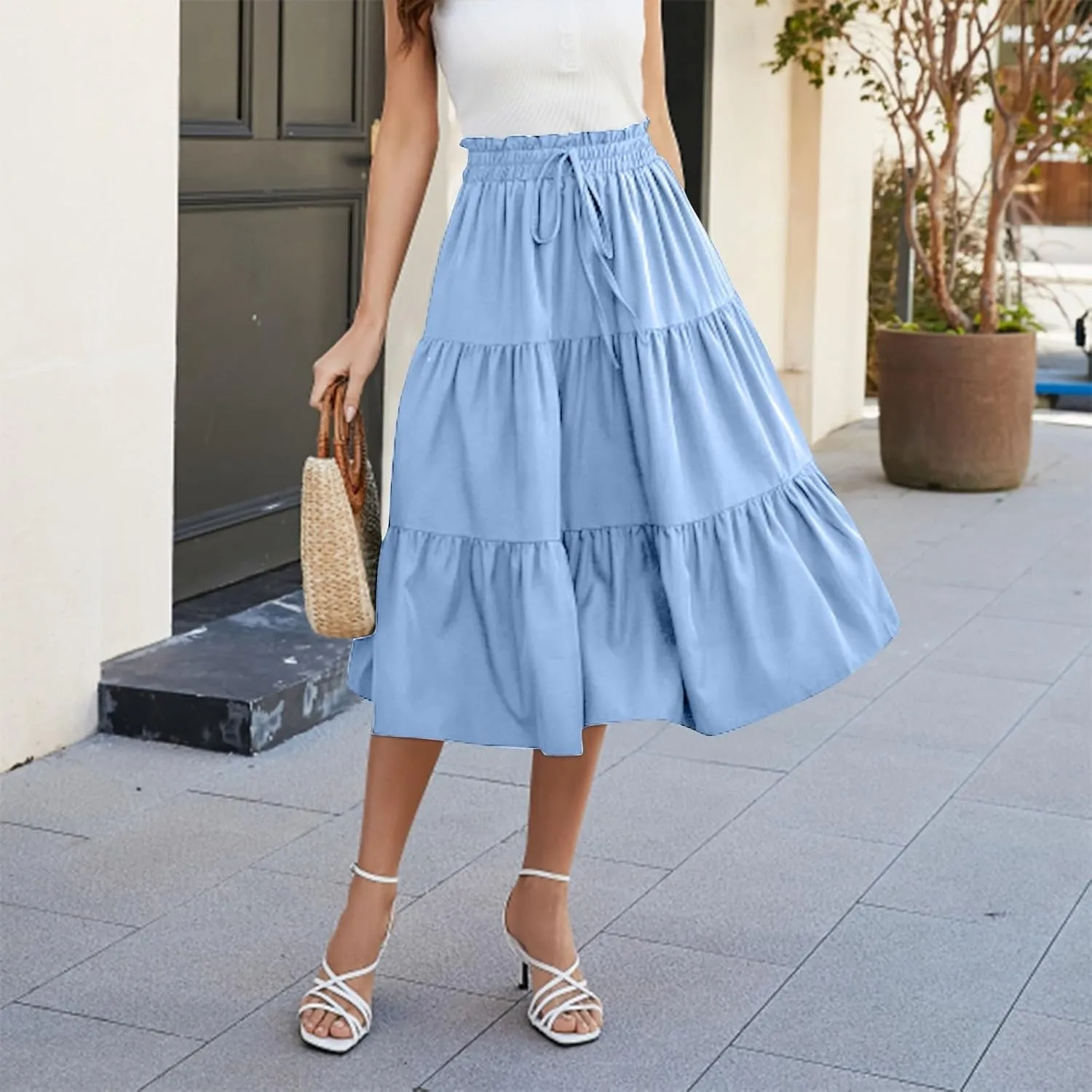 KUIOLYPOER Women Summer Maxi Skirt Casual Elastic High Waist Pleated A-Line Flowy Swing Tiered Beach Vacation Skirts