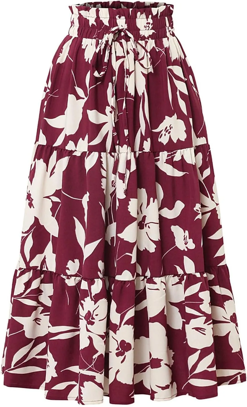 KUIOLYPOER Women Summer Maxi Skirt Casual Elastic High Waist Pleated A-Line Flowy Swing Tiered Beach Vacation Skirts