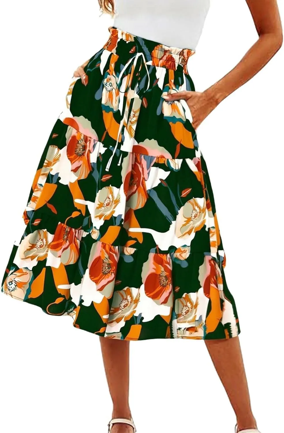 KUIOLYPOER Women Summer Maxi Skirt Casual Elastic High Waist Pleated A-Line Flowy Swing Tiered Beach Vacation Skirts