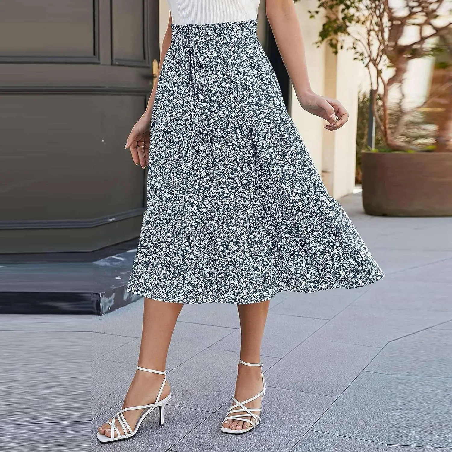 KUIOLYPOER Women Summer Maxi Skirt Casual Elastic High Waist Pleated A-Line Flowy Swing Tiered Beach Vacation Skirts