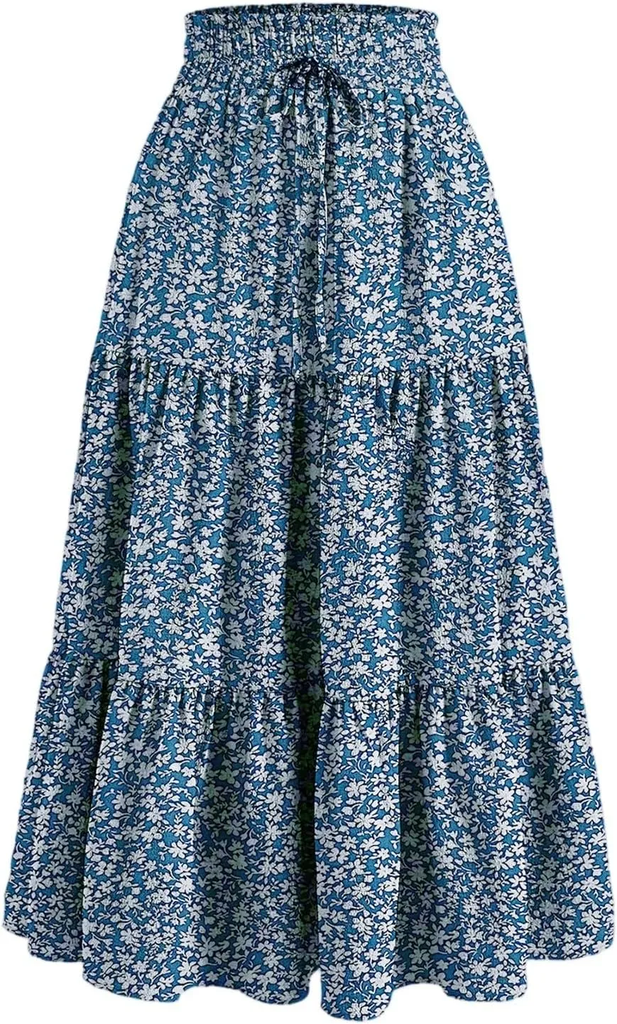 KUIOLYPOER Women Summer Maxi Skirt Casual Elastic High Waist Pleated A-Line Flowy Swing Tiered Beach Vacation Skirts