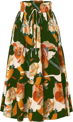 KUIOLYPOER Women Summer Maxi Skirt Casual Elastic High Waist Pleated A-Line Flowy Swing Tiered Beach Vacation Skirts