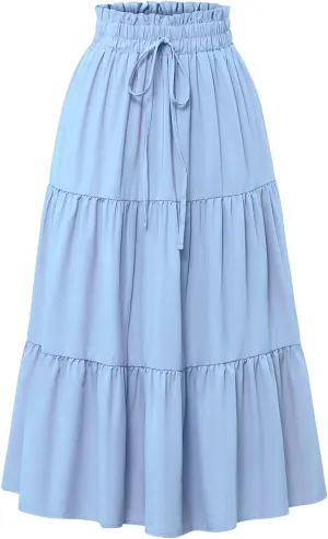 KUIOLYPOER Women Summer Maxi Skirt Casual Elastic High Waist Pleated A-Line Flowy Swing Tiered Beach Vacation Skirts