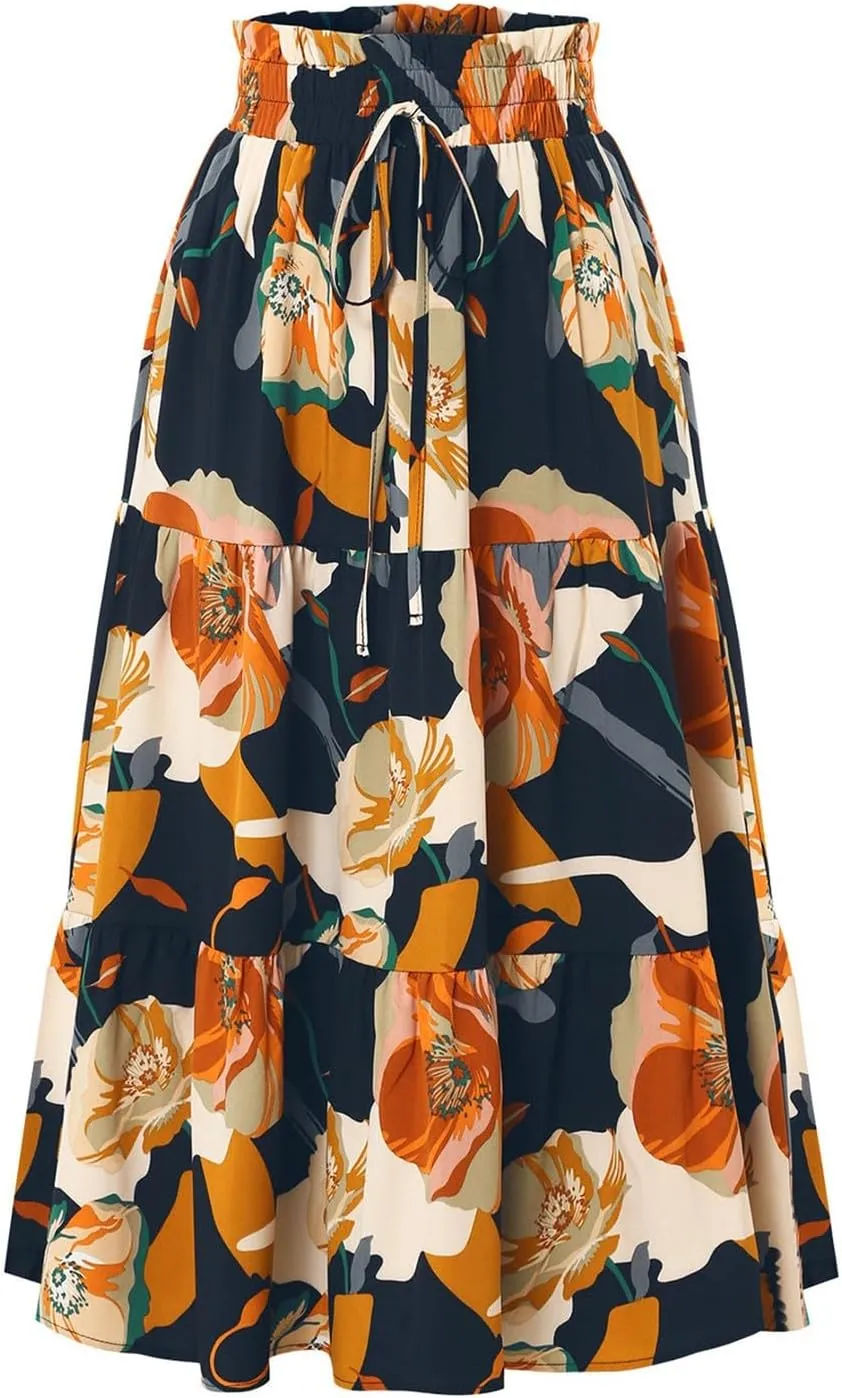 KUIOLYPOER Women Summer Maxi Skirt Casual Elastic High Waist Pleated A-Line Flowy Swing Tiered Beach Vacation Skirts