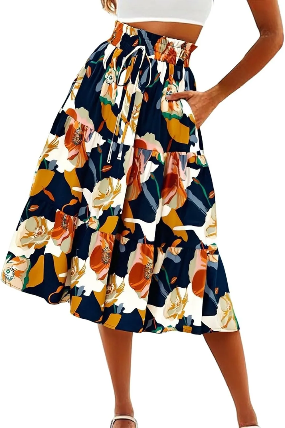 KUIOLYPOER Women Summer Maxi Skirt Casual Elastic High Waist Pleated A-Line Flowy Swing Tiered Beach Vacation Skirts