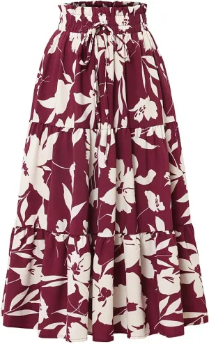 KUIOLYPOER Women Summer Maxi Skirt Casual Elastic High Waist Pleated A-Line Flowy Swing Tiered Beach Vacation Skirts