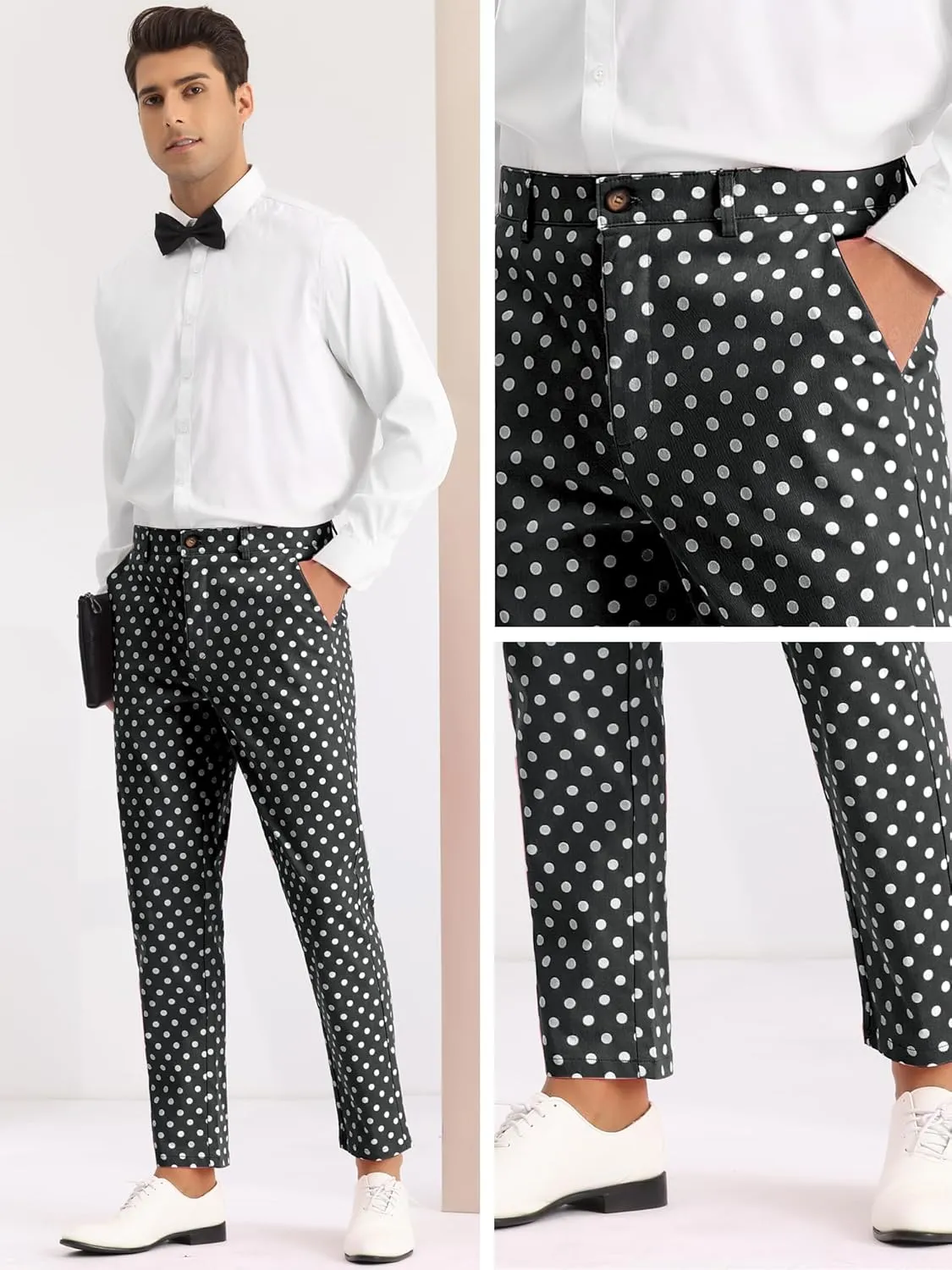 Lars Amadeus Polka Dots Dress Pants for Men's Flat Front Business Wedding Retro Trousers