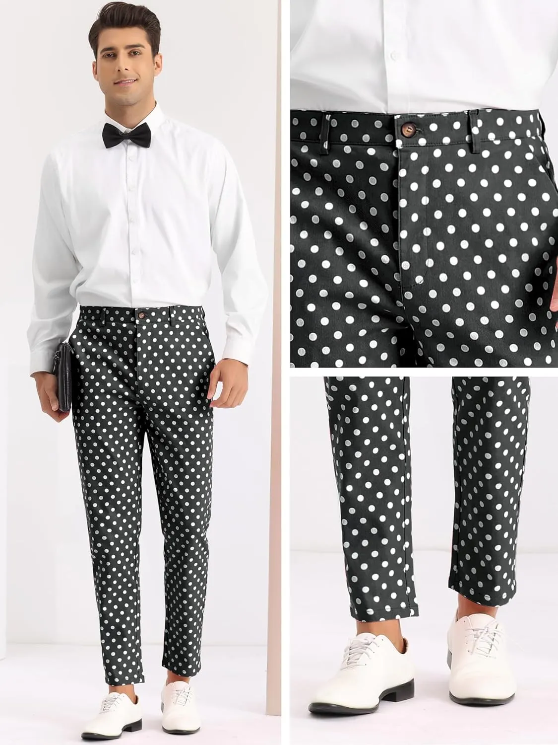 Lars Amadeus Polka Dots Dress Pants for Men's Flat Front Business Wedding Retro Trousers