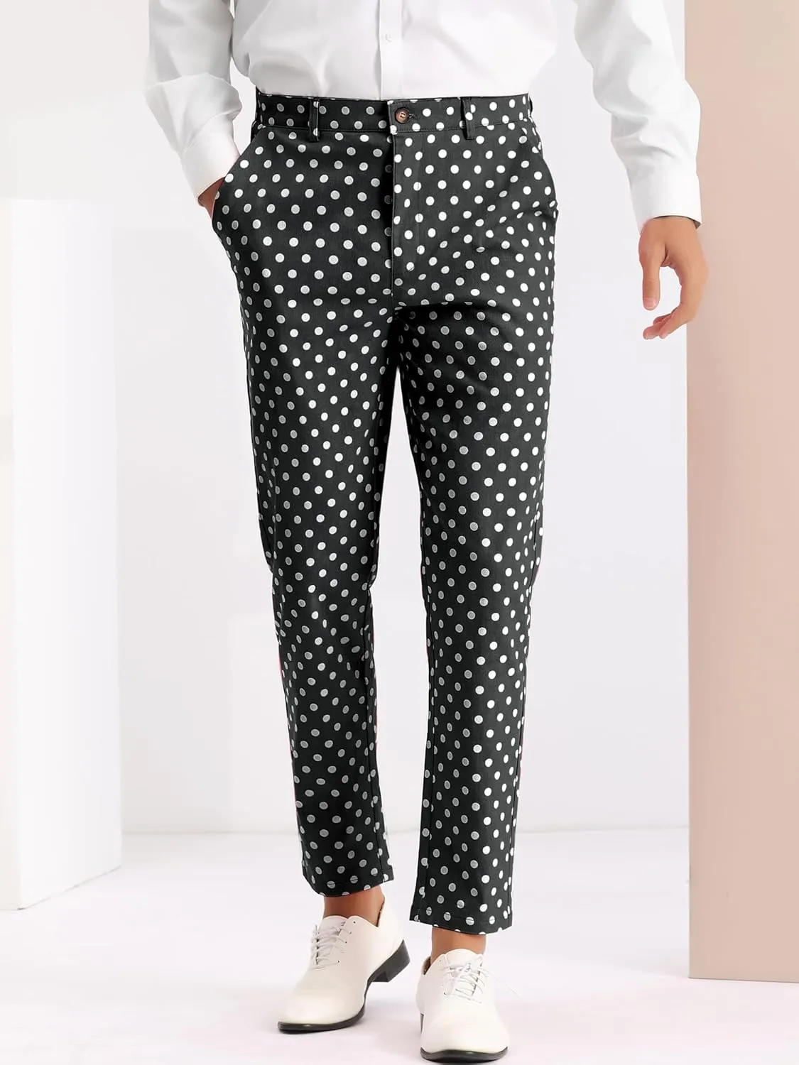 Lars Amadeus Polka Dots Dress Pants for Men's Flat Front Business Wedding Retro Trousers