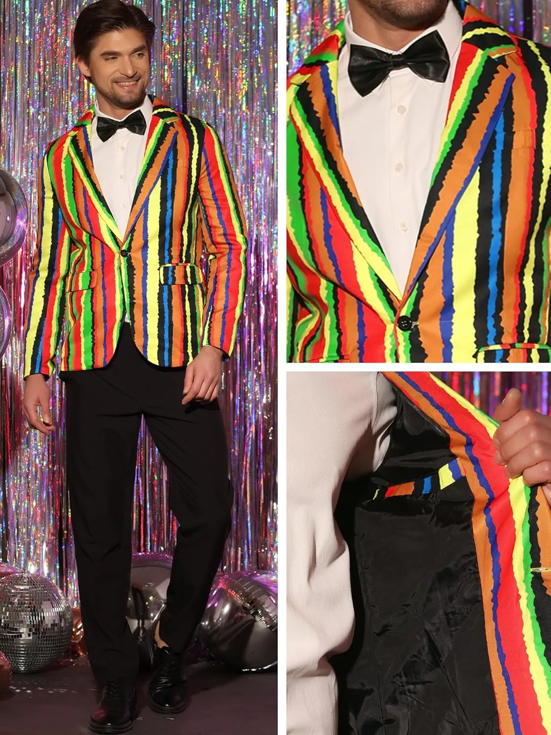 Lars Amadeus Rainbow Striped Suit Jacket for Men's Notch Lapel Prom Party Blazer Sports Coat
