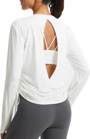 Libin Women's Long Sleeve Workout Tops UPF 50  Sun Protection Shirts Open Back Quick Dry Athletic Yoga Running T Shirt