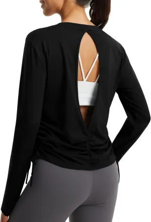 Libin Women's Long Sleeve Workout Tops UPF 50  Sun Protection Shirts Open Back Quick Dry Athletic Yoga Running T Shirt