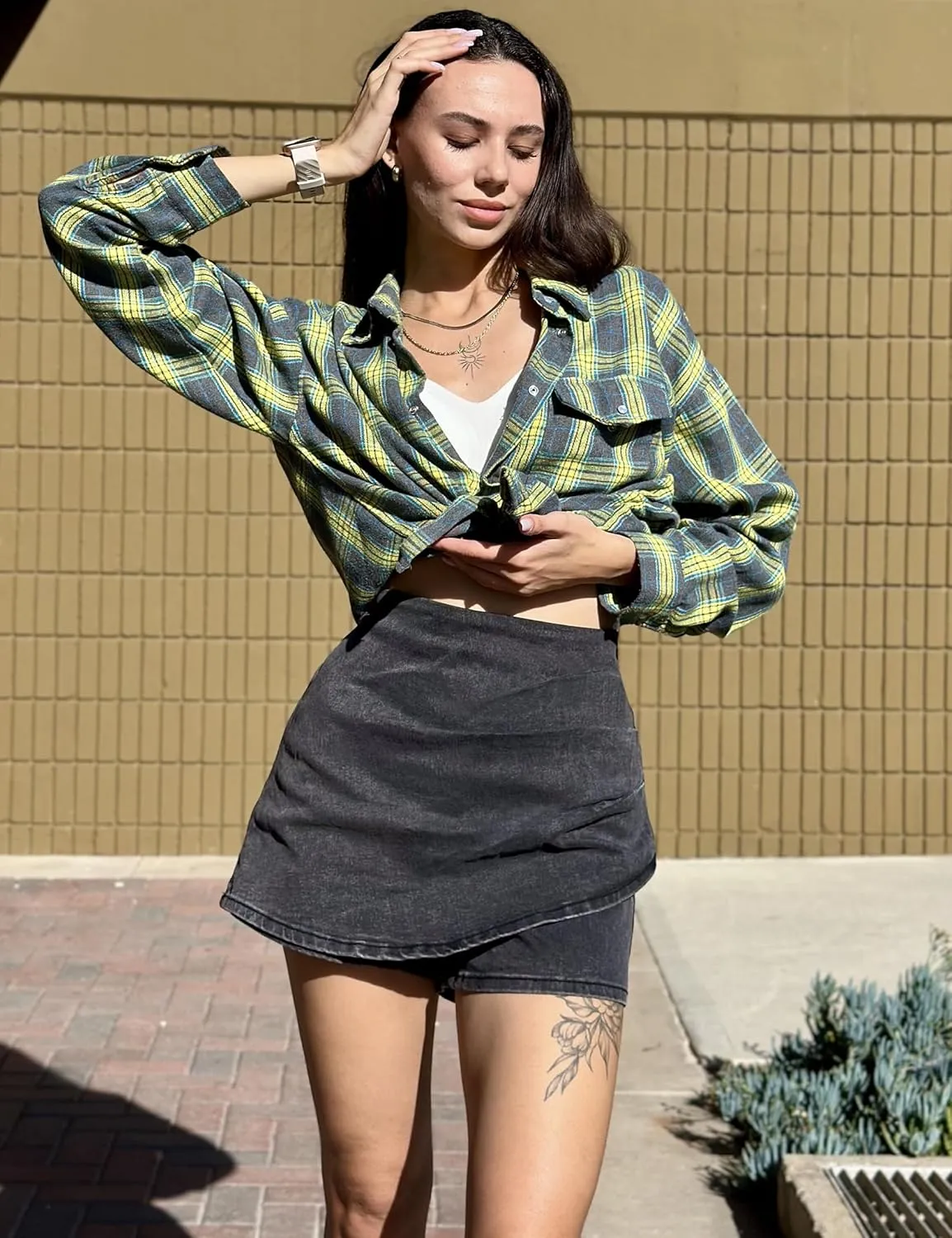 luvamia Jean Skorts for Woman High Waisted Pull On Trendy Casual Stretch Denim Skirt with Shorts Asymmetrical Wrap Skort