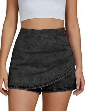 luvamia Jean Skorts for Woman High Waisted Pull On Trendy Casual Stretch Denim Skirt with Shorts Asymmetrical Wrap Skort