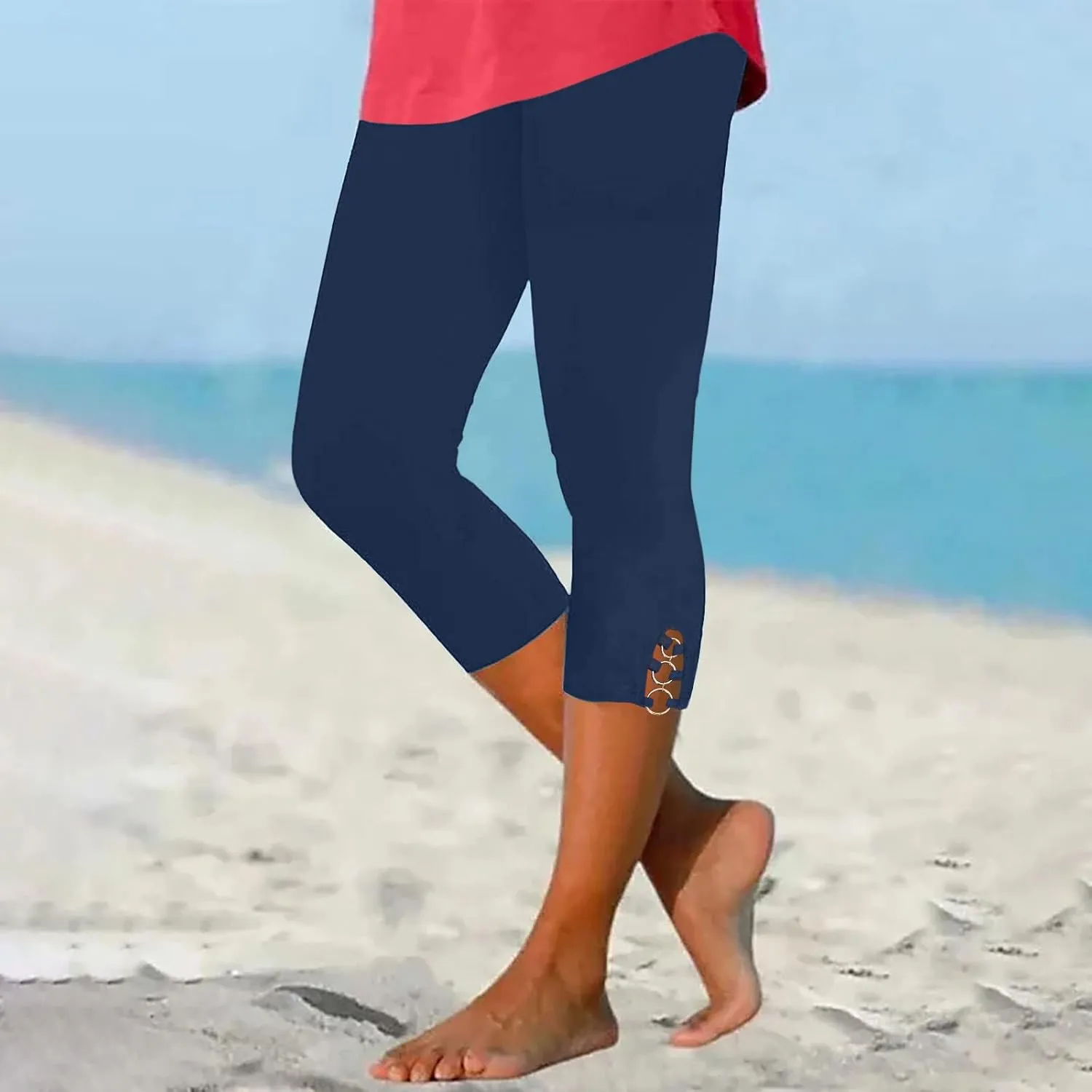 maisdgop Women's Capri Pants Tummy Control Knee Length Yoga Leggings Casual Sexy Solid Cutout High Waisted Cropped Pant