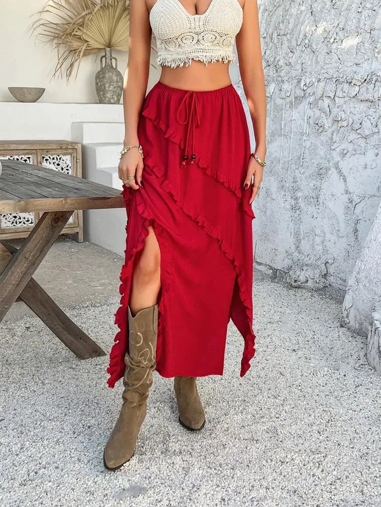 Melliflo Women's Summer Mini Skirts High Waisted Pleated Slit Long Skirt Casual Beach Vacation Skirts