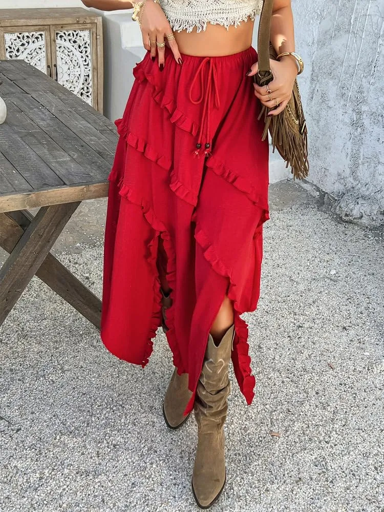 Melliflo Women's Summer Mini Skirts High Waisted Pleated Slit Long Skirt Casual Beach Vacation Skirts
