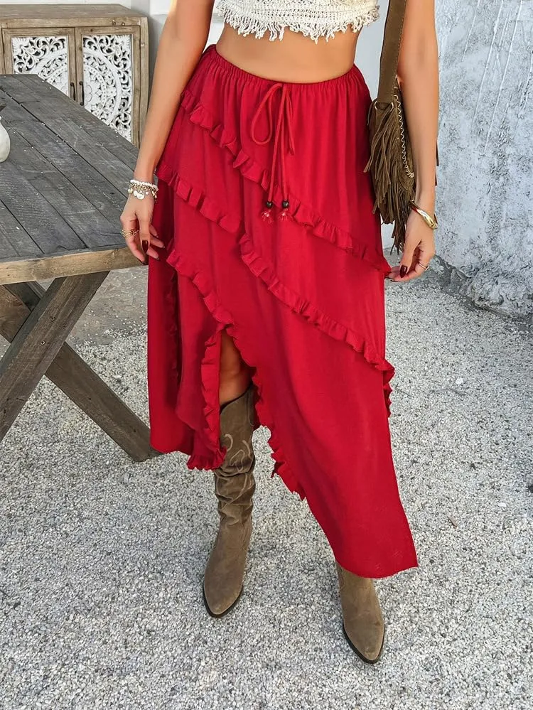 Melliflo Women's Summer Mini Skirts High Waisted Pleated Slit Long Skirt Casual Beach Vacation Skirts