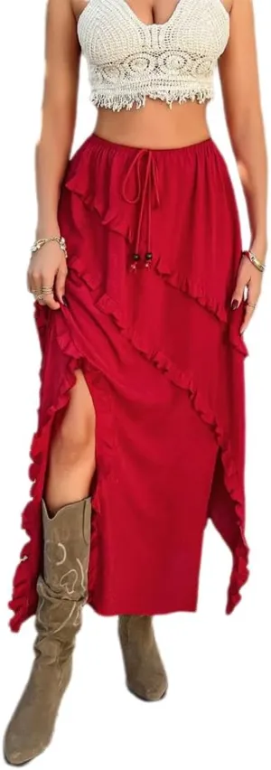 Melliflo Women's Summer Mini Skirts High Waisted Pleated Slit Long Skirt Casual Beach Vacation Skirts