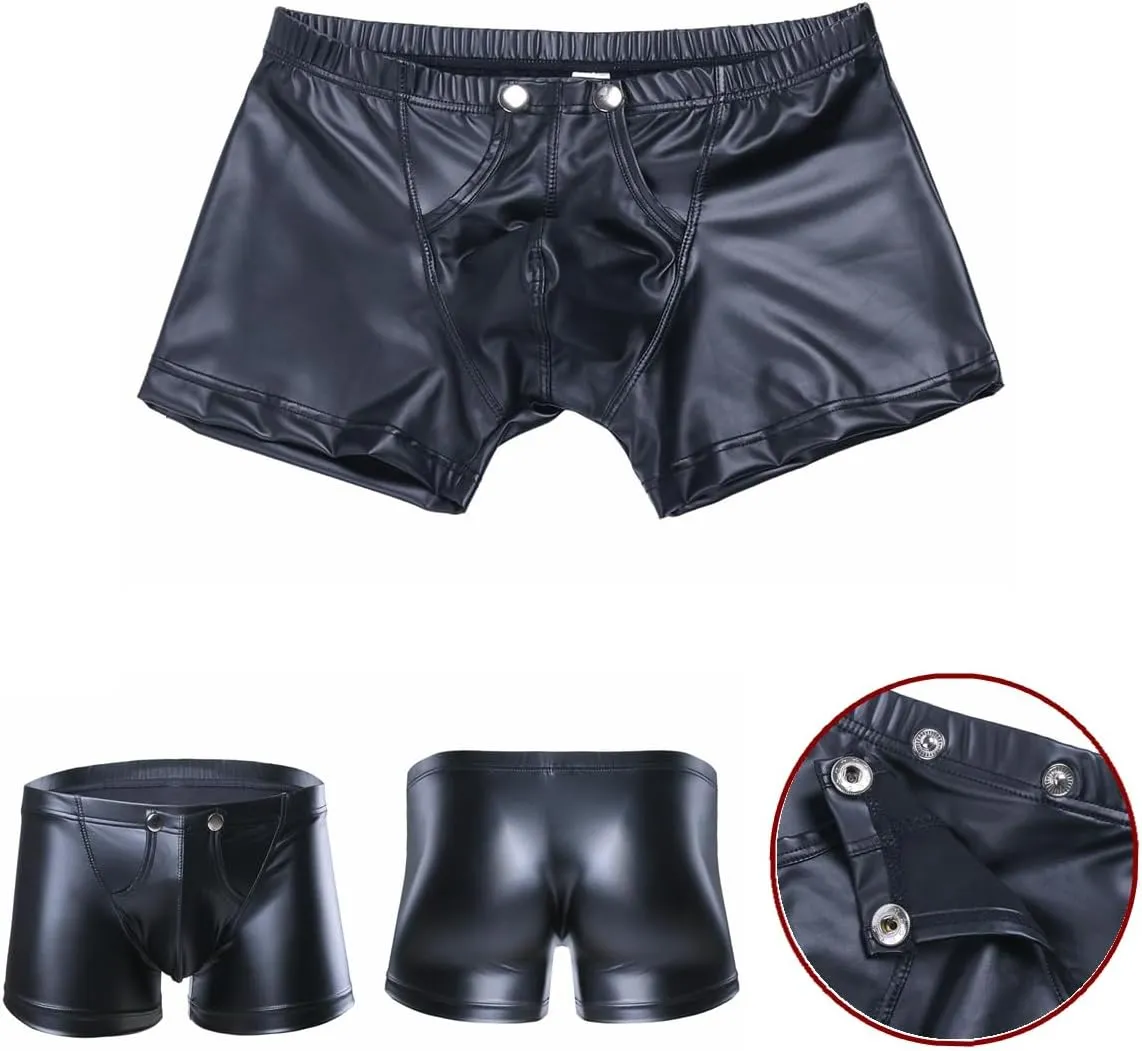 Mens Faux Leather Bugle Pouch Press Buttons Booty Shorts Pants Boxer Briefs Knickers Underwear