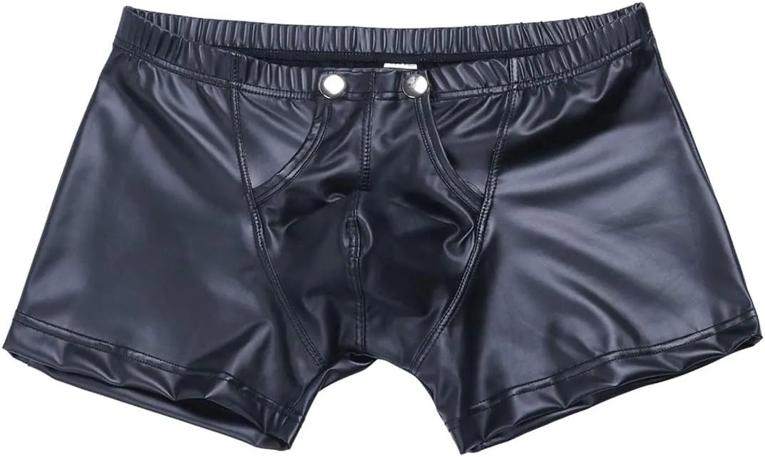 Mens Faux Leather Bugle Pouch Press Buttons Booty Shorts Pants Boxer Briefs Knickers Underwear