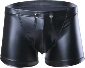 Mens Faux Leather Bugle Pouch Press Buttons Booty Shorts Pants Boxer Briefs Knickers Underwear