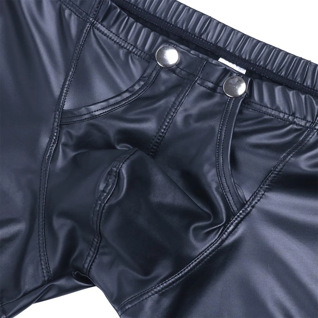Mens Faux Leather Bugle Pouch Press Buttons Booty Shorts Pants Boxer Briefs Knickers Underwear
