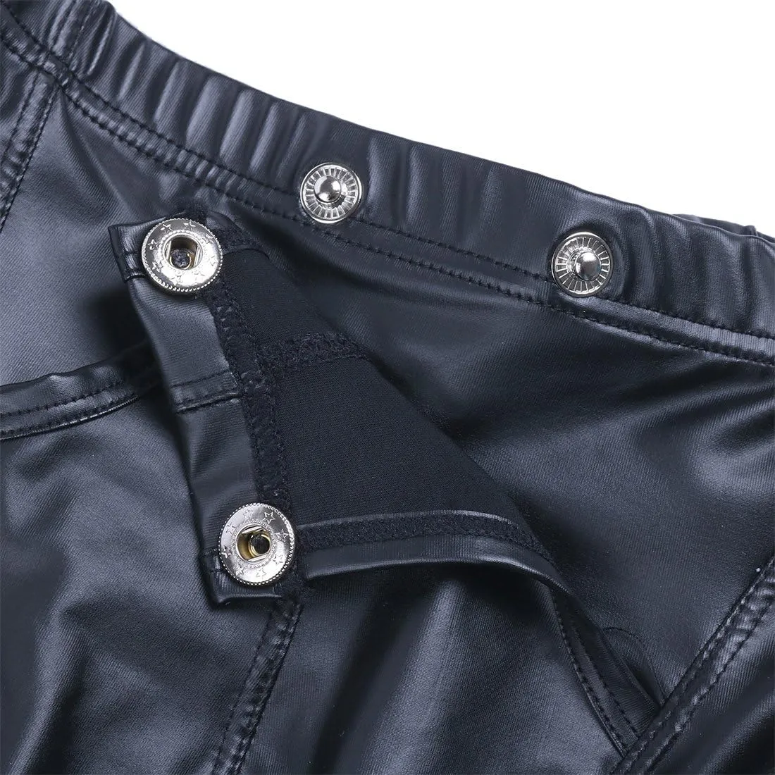 Mens Faux Leather Bugle Pouch Press Buttons Booty Shorts Pants Boxer Briefs Knickers Underwear
