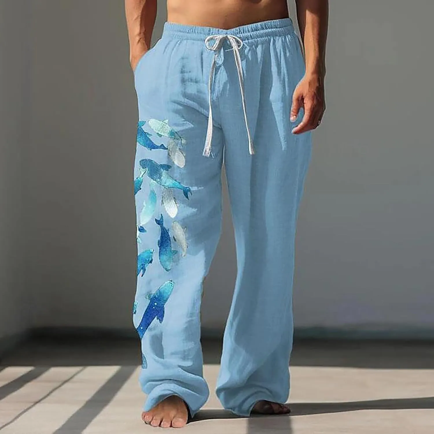 Mens Summer Print Linen Pants Wide Leg Loose Fit Elatic Waist Casaul Pants Straight Leg Drawstrings Outdoor Hemp Trousers