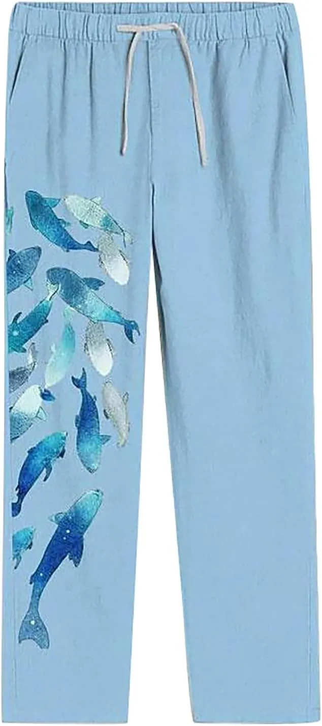 Mens Summer Print Linen Pants Wide Leg Loose Fit Elatic Waist Casaul Pants Straight Leg Drawstrings Outdoor Hemp Trousers