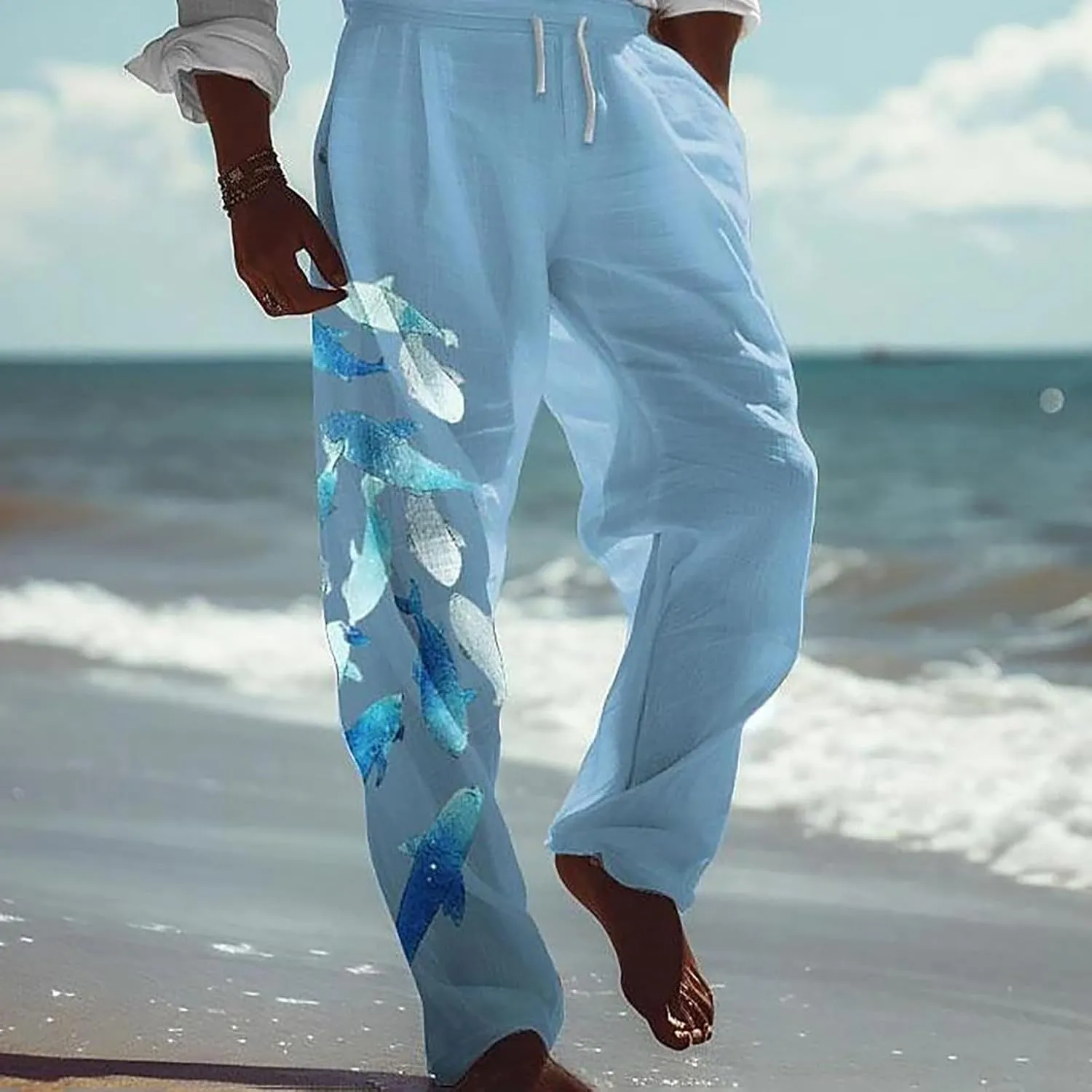 Mens Summer Print Linen Pants Wide Leg Loose Fit Elatic Waist Casaul Pants Straight Leg Drawstrings Outdoor Hemp Trousers