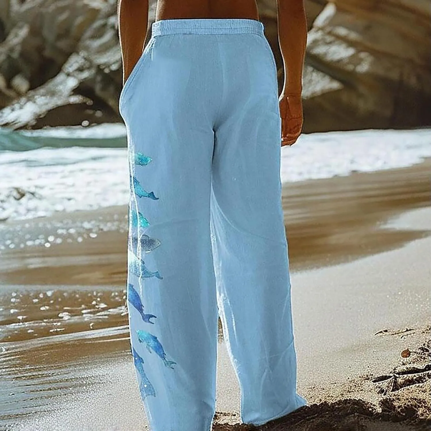 Mens Summer Print Linen Pants Wide Leg Loose Fit Elatic Waist Casaul Pants Straight Leg Drawstrings Outdoor Hemp Trousers