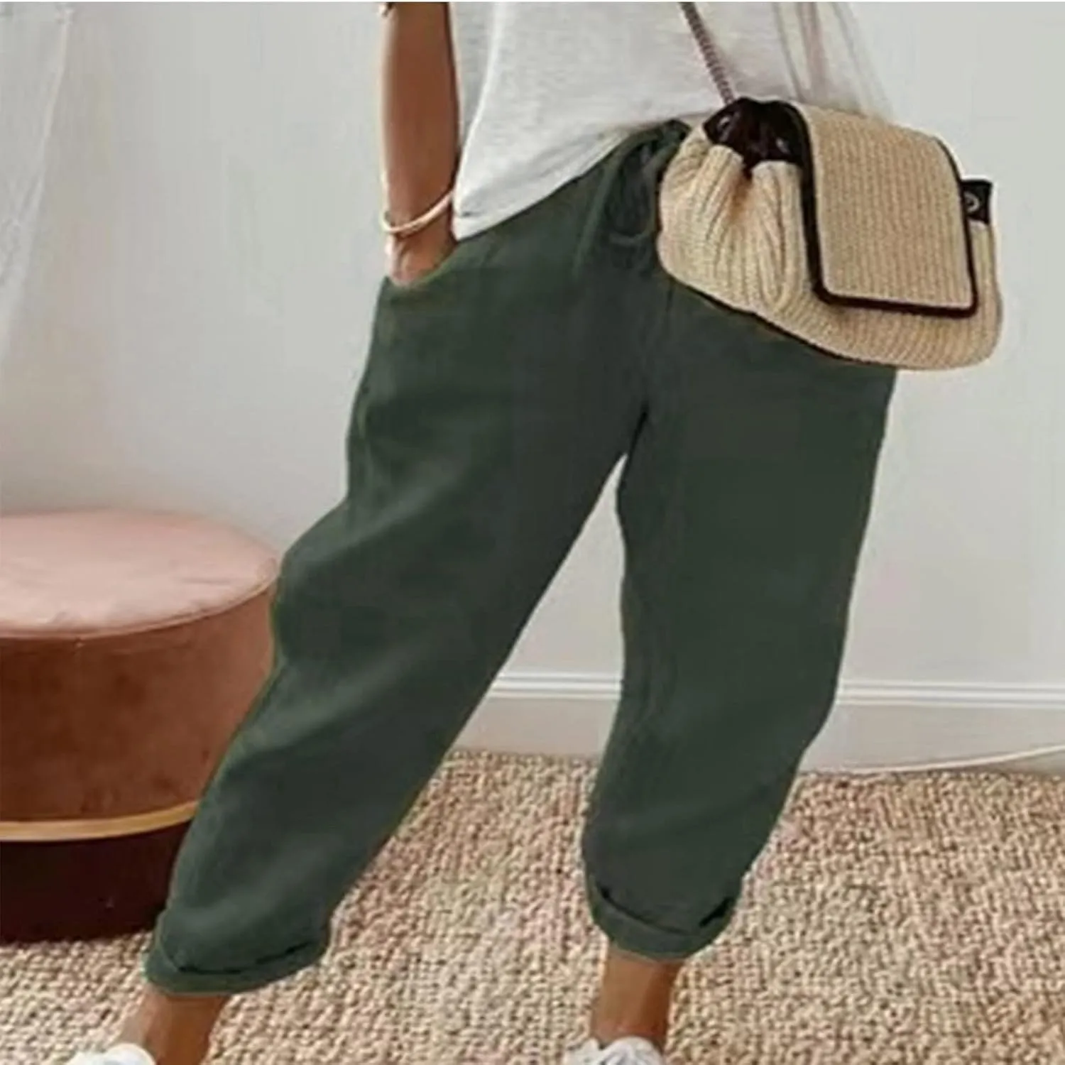 NATHGAM Womens Capri Pants Trendy Solid Color Lounge Palazzo Pants Summer Comfy Linen Loose Cropped Trousers with Pockets