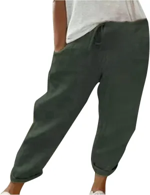 NATHGAM Womens Capri Pants Trendy Solid Color Lounge Palazzo Pants Summer Comfy Linen Loose Cropped Trousers with Pockets