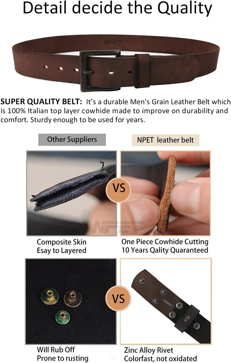 NPET Mens Leather Belt Full Grain Vintage Distressed Style Snap on Strap 1 1/2" Wide with Buckle