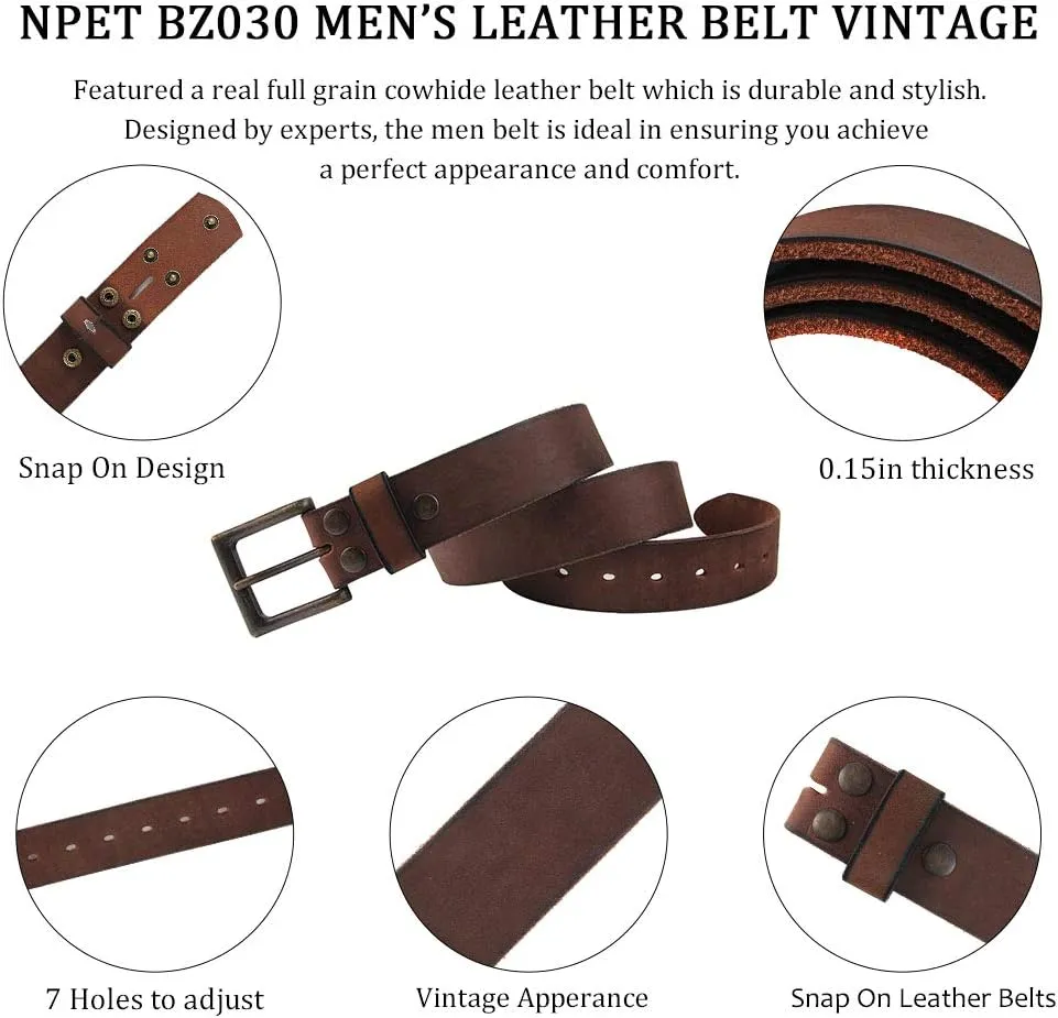 NPET Mens Leather Belt Full Grain Vintage Distressed Style Snap on Strap 1 1/2" Wide with Buckle