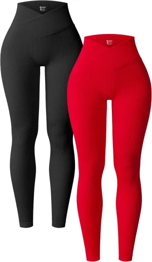 OQQ Women's 2 Piece Yoga Leggings Ribbed Seamless Workout High Waist Cross Over Athletic Exercise Leggings
