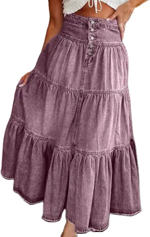 Owl's-Yard Women Y2K Denim Skirt Pleated Tiered Ruffled Hem High Waist Swing A-Line Jeans Maxi Skirt for Club Streetwear