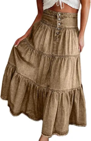 Owl's-Yard Women Y2K Denim Skirt Pleated Tiered Ruffled Hem High Waist Swing A-Line Jeans Maxi Skirt for Club Streetwear