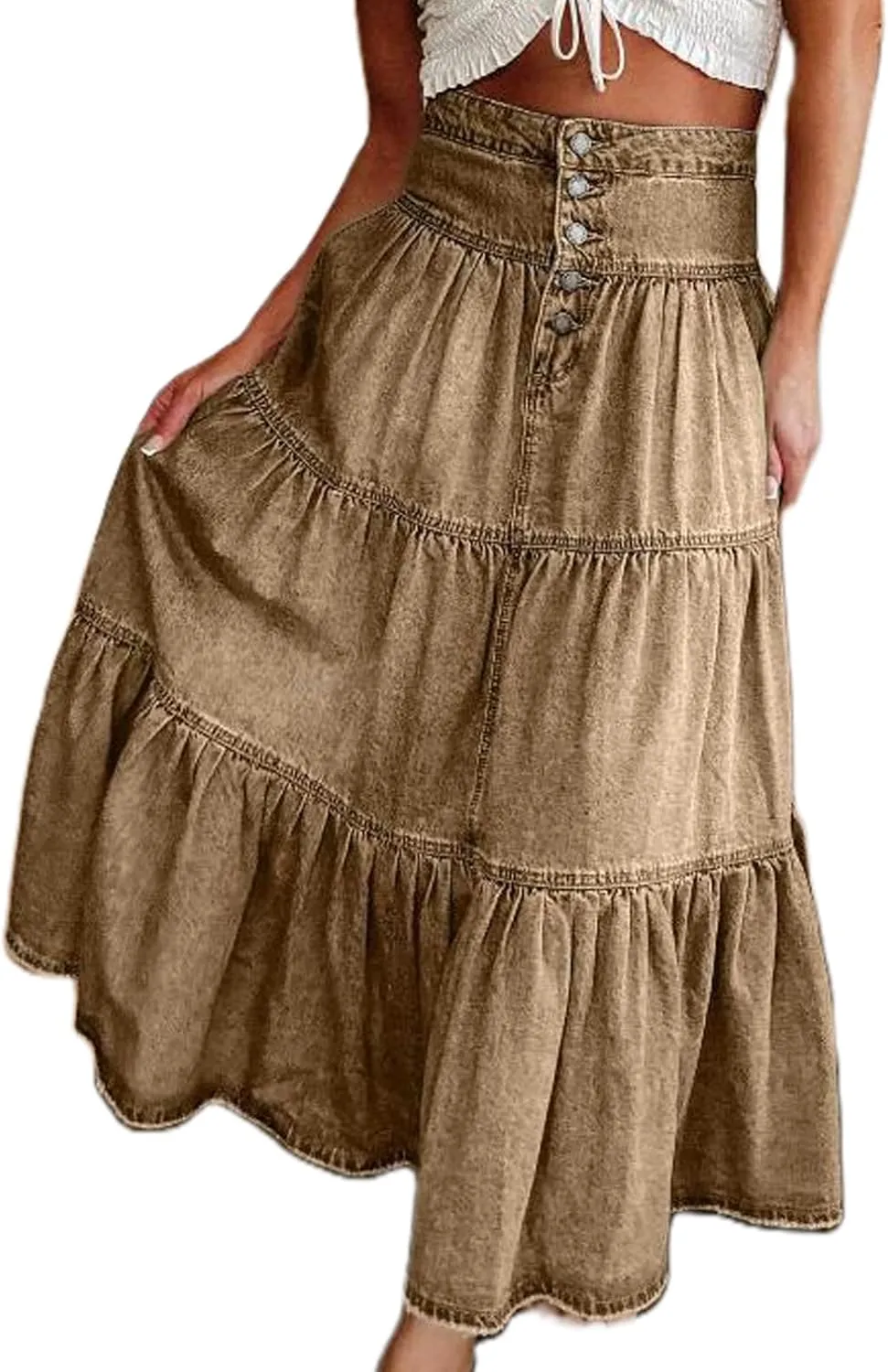 Owl's-Yard Women Y2K Denim Skirt Pleated Tiered Ruffled Hem High Waist Swing A-Line Jeans Maxi Skirt for Club Streetwear