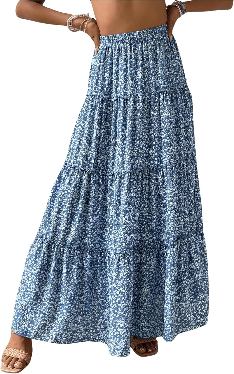 OYOANGLE Women's Boho Ditsy Floral Print Ruffle A Line Maxi Skirt High Waisted Swing Flowy Long Skirts