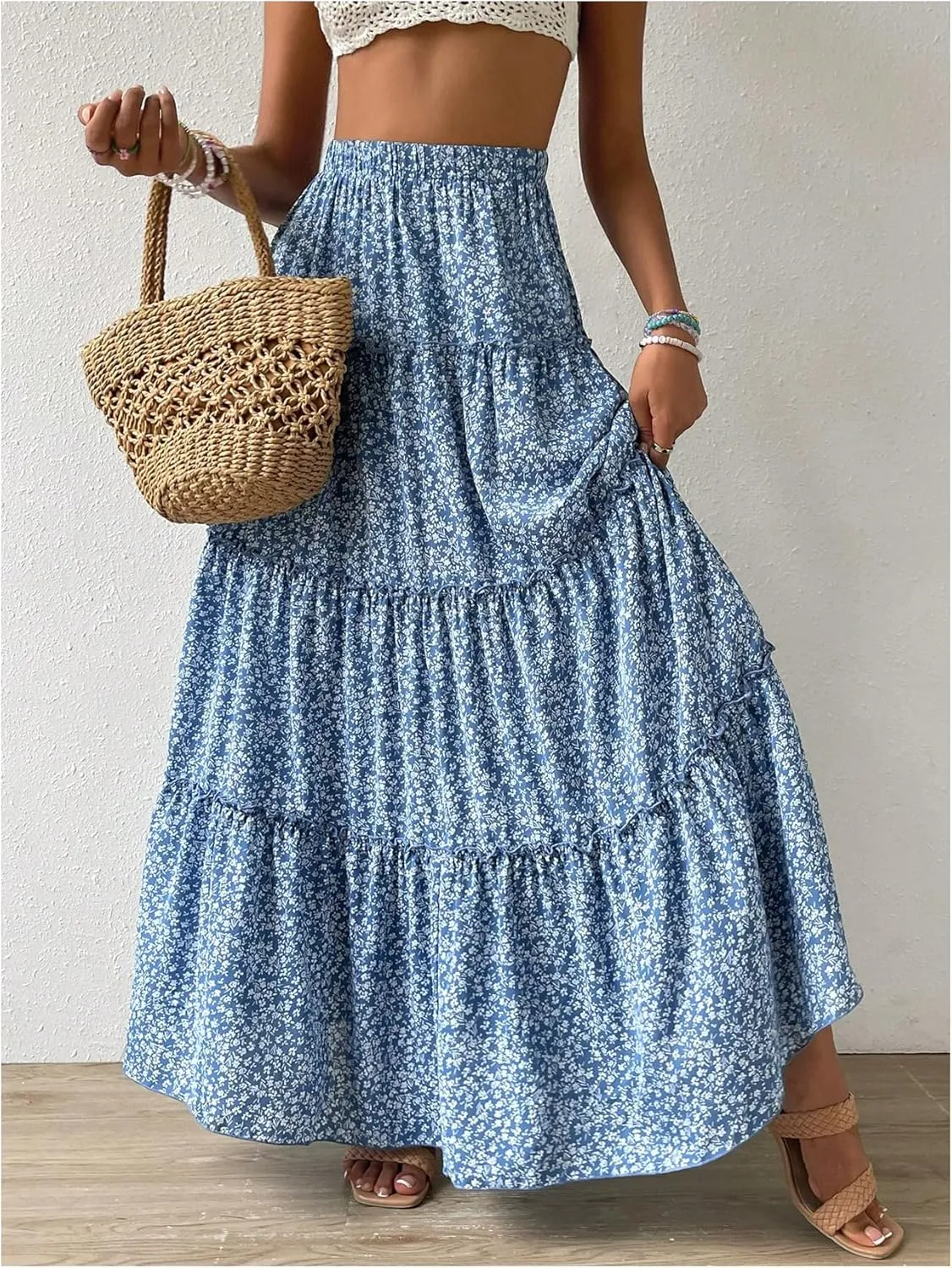 OYOANGLE Women's Boho Ditsy Floral Print Ruffle A Line Maxi Skirt High Waisted Swing Flowy Long Skirts