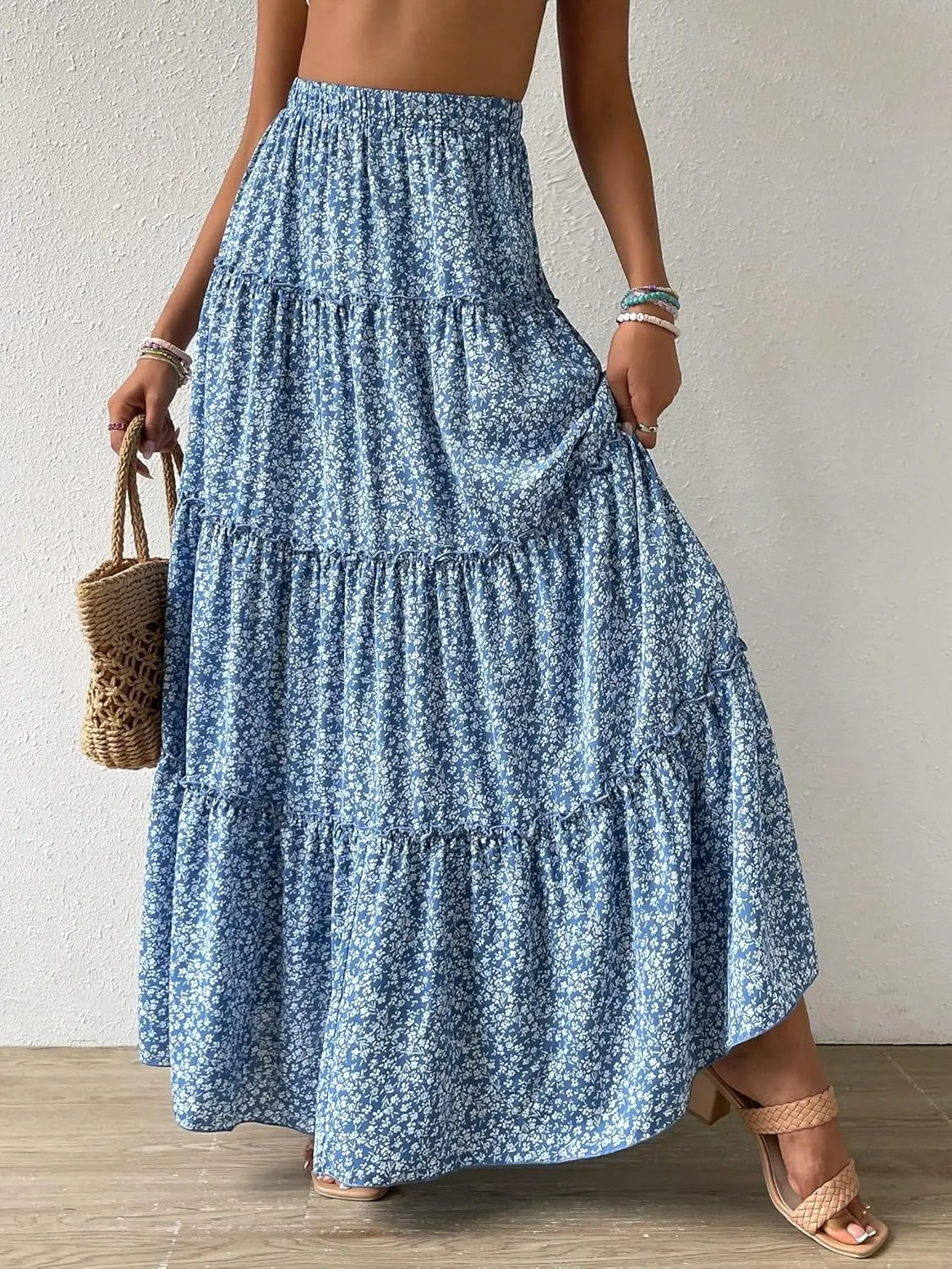 OYOANGLE Women's Boho Ditsy Floral Print Ruffle A Line Maxi Skirt High Waisted Swing Flowy Long Skirts