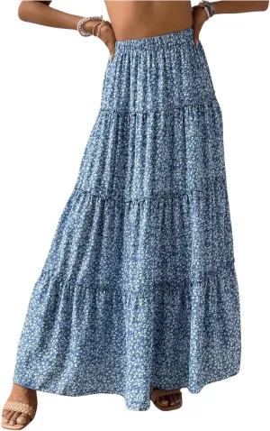 OYOANGLE Women's Boho Ditsy Floral Print Ruffle A Line Maxi Skirt High Waisted Swing Flowy Long Skirts