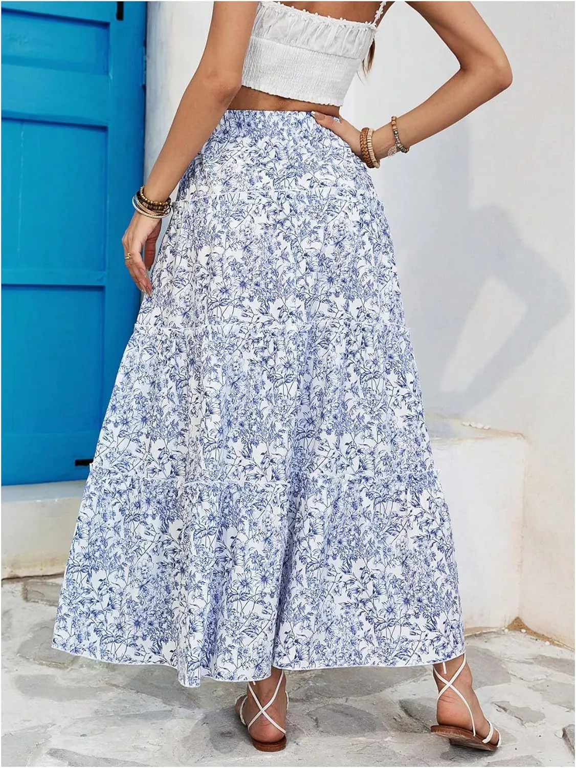 OYOANGLE Women's Boho Floral Print Elastic High Waist Ruffle A Line Maxi Skirt Summer Beach Flowy Skirts