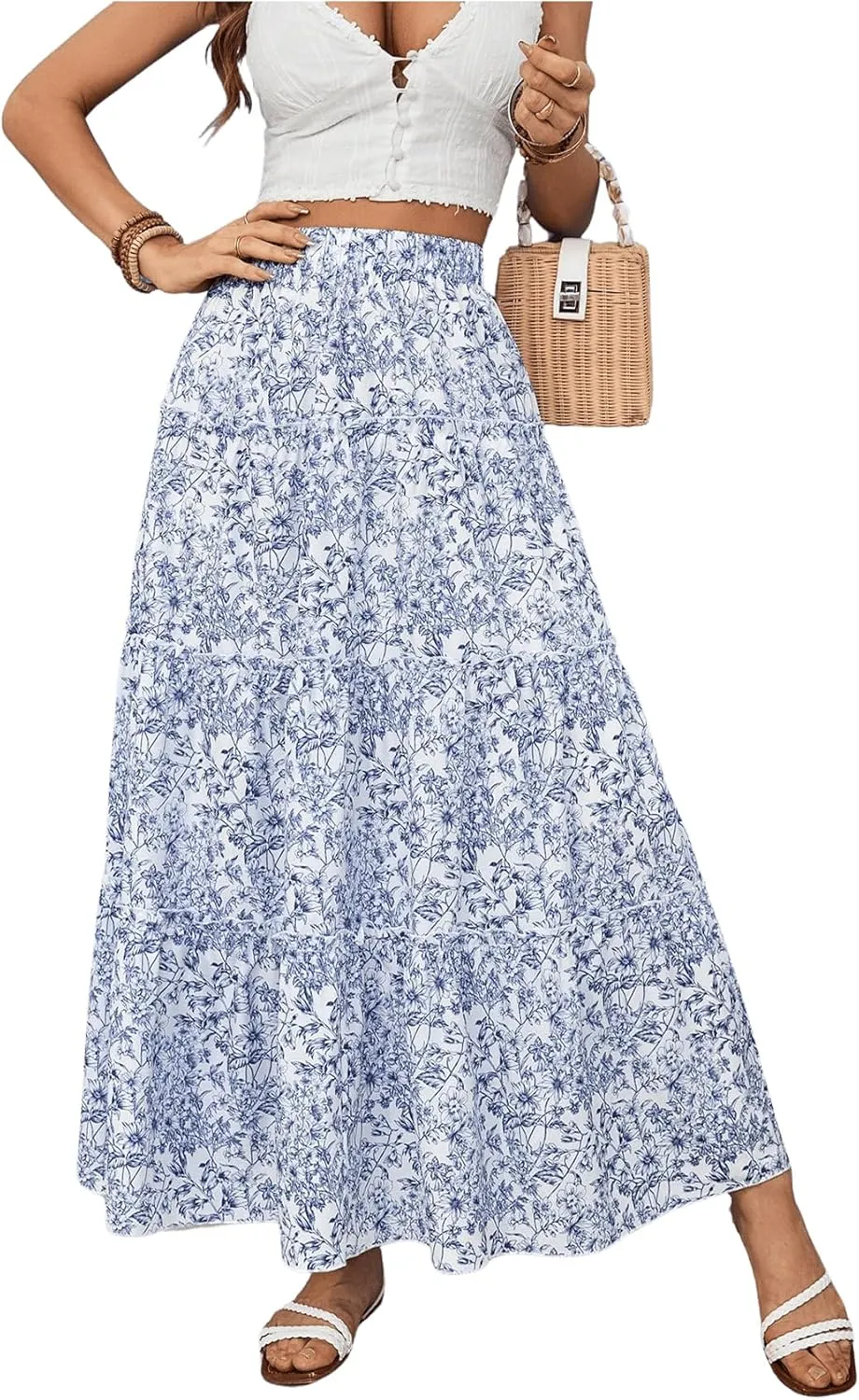 OYOANGLE Women's Boho Floral Print Elastic High Waist Ruffle A Line Maxi Skirt Summer Beach Flowy Skirts