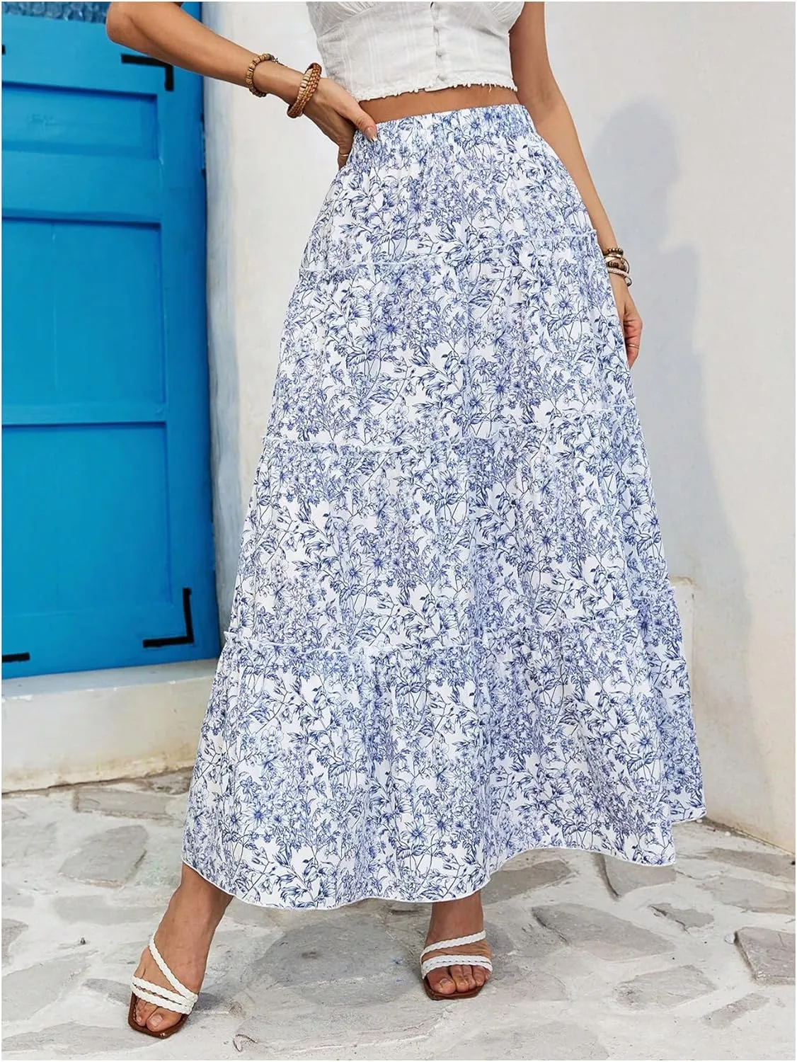 OYOANGLE Women's Boho Floral Print Elastic High Waist Ruffle A Line Maxi Skirt Summer Beach Flowy Skirts