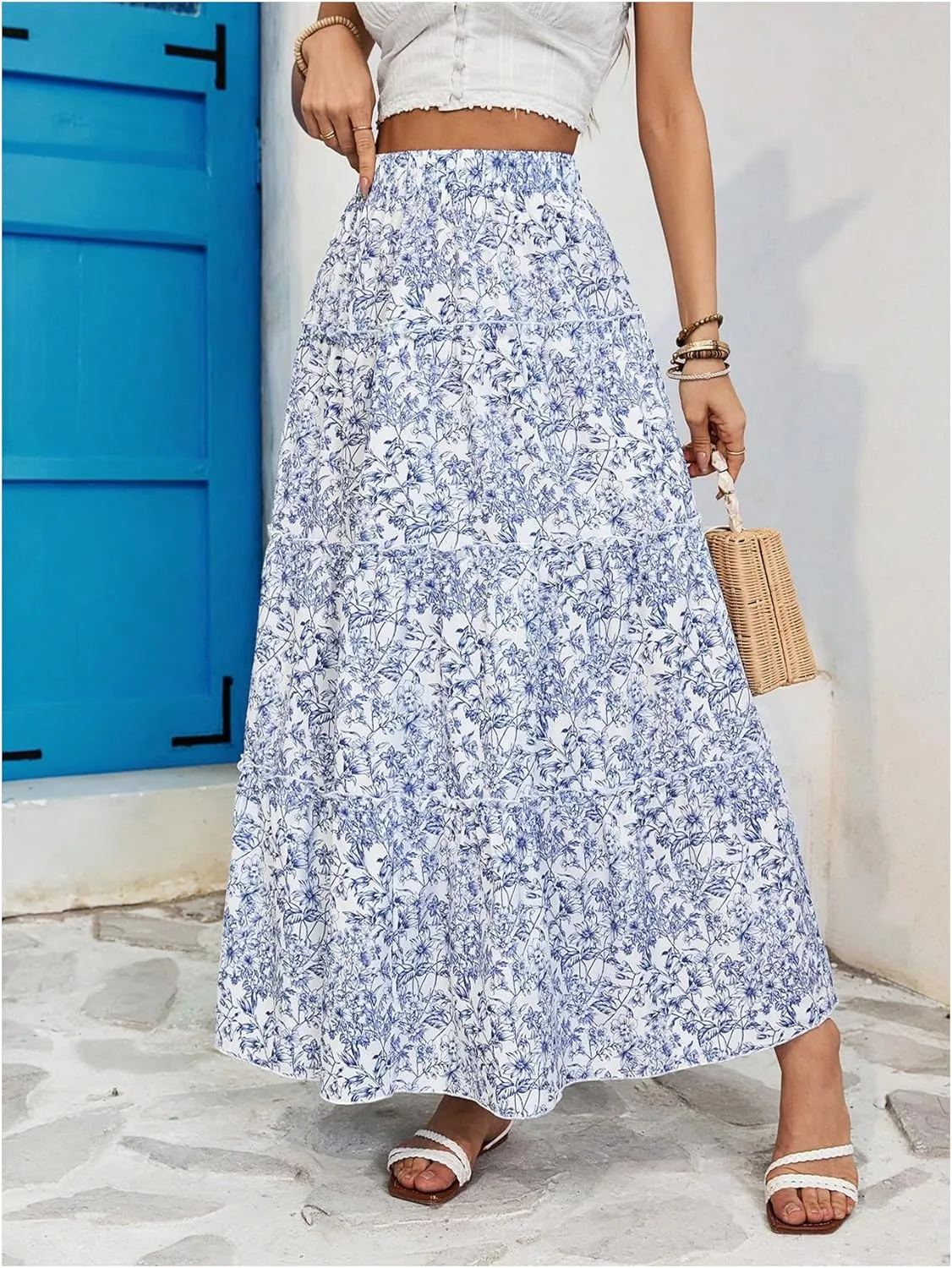 OYOANGLE Women's Boho Floral Print Elastic High Waist Ruffle A Line Maxi Skirt Summer Beach Flowy Skirts